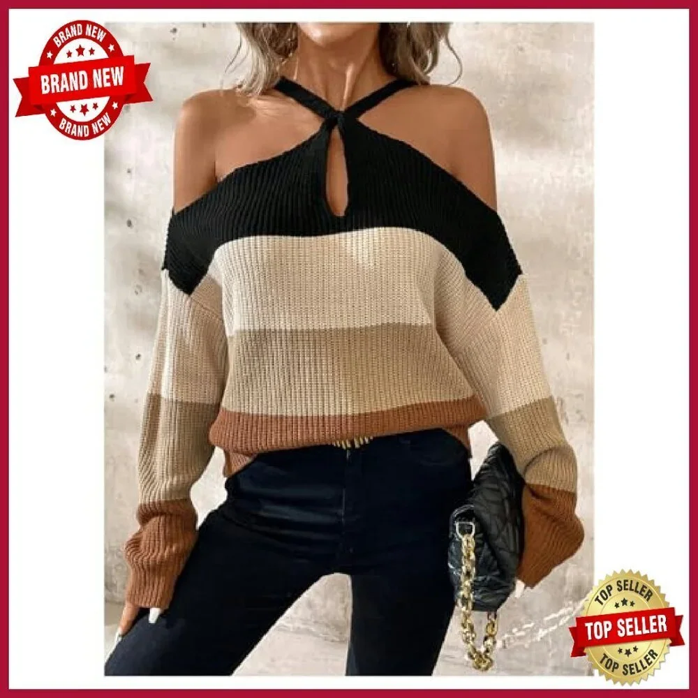 Women's Cold Shoulder Pullover Sweater Color Block Knit Top Long Sleeve_7